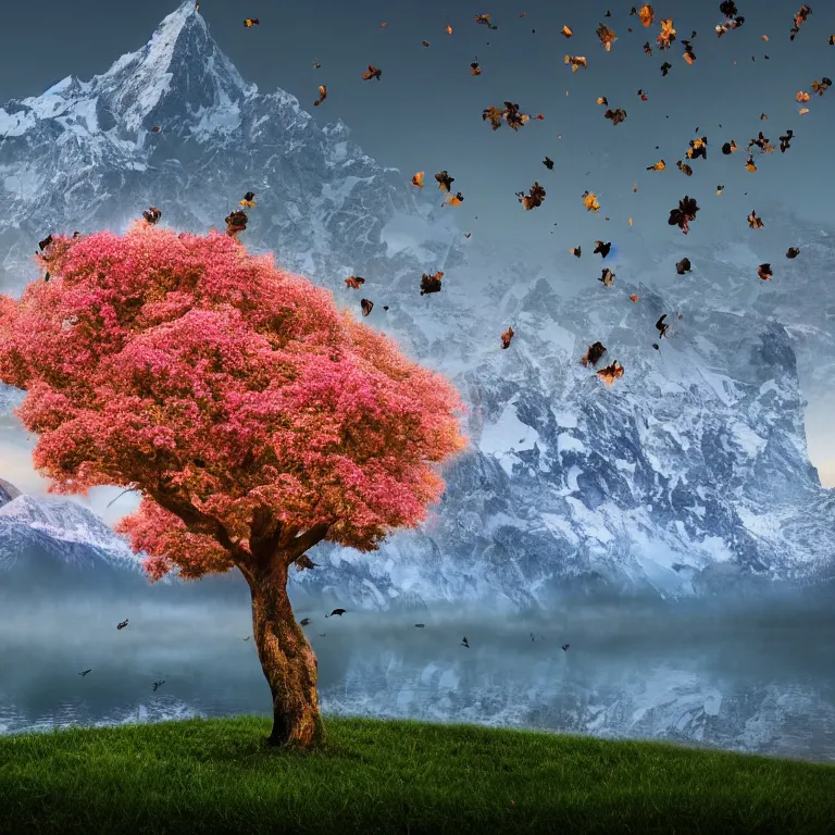 Image similar to a beautiful awesome artistic tree with falling flowers like leaves and many birds, all in the amazing outdoors view, mountain in the background, lake, long exposure, 8 k resolution, trending on artstation