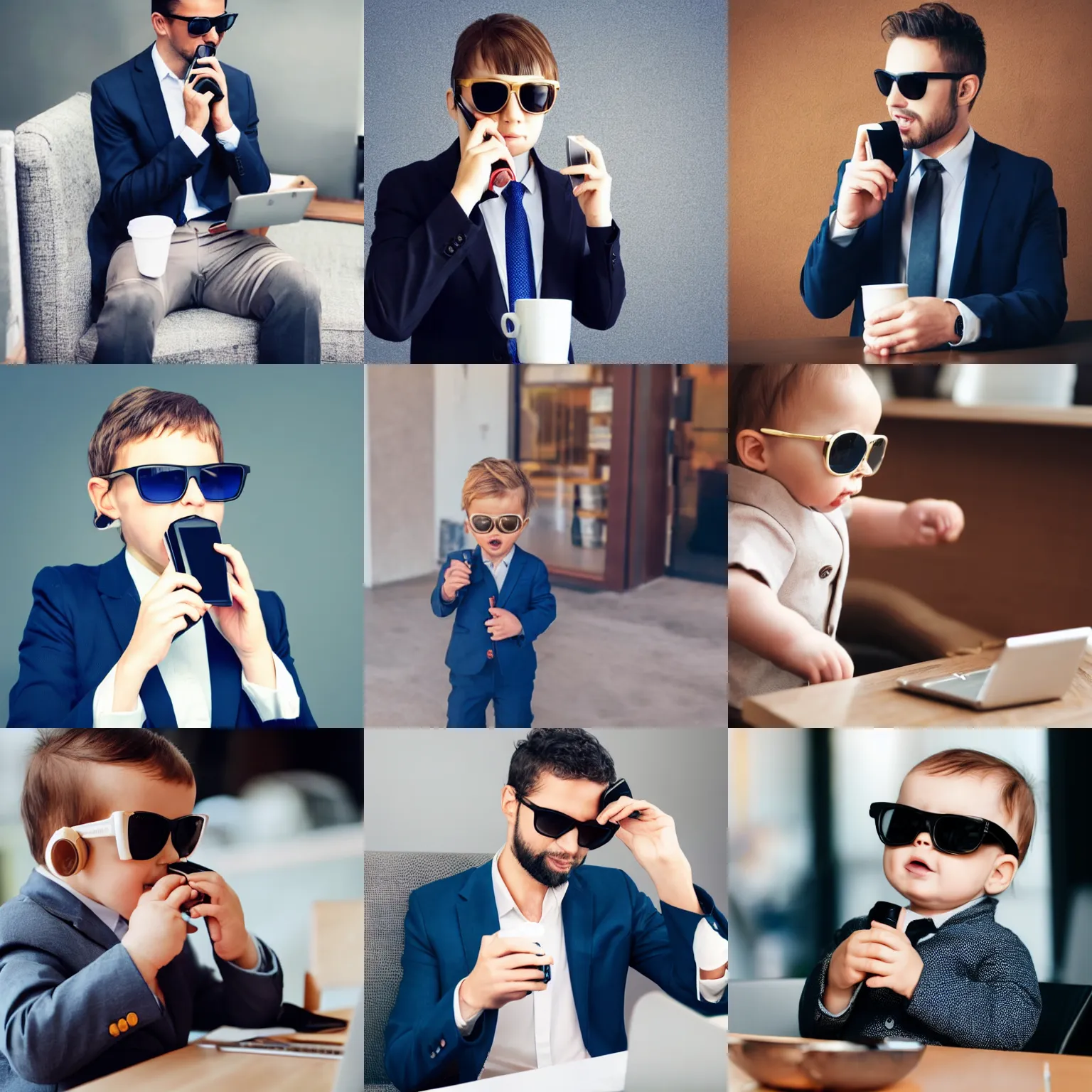 Prompt: baby child in a business suit with sunglasses drinking coffee and taking a phone call