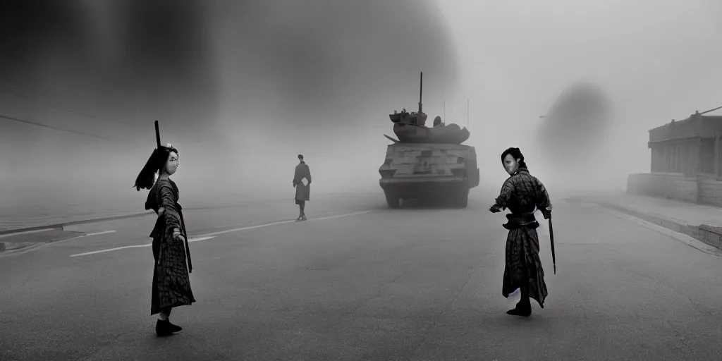 Image similar to modern chicago streets, elegant female samurai ninja, with large sword, open back dress, exposed back, wide hakama trousers, approaches a military tank ww 2 mech robot, by akira kurosawa, black and white, cinematography, movie, fog, atmospheric perspective,