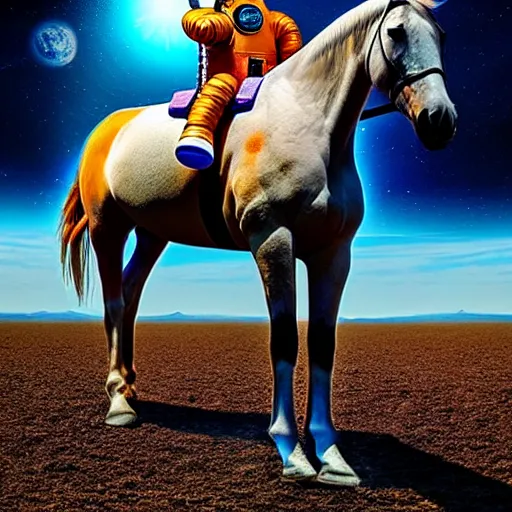 Prompt: horse is sitting on the back of human, human is wearing astronaut costume, located on unknown planet, hdr, anamorphic lens, hyper realistic, stunning scene