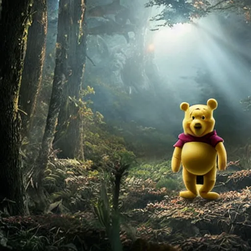Image similar to winnie the pooh in the movie godzilla, cinematic, volumetric lighting, realistic, hyperdetailed, photorealistic, photograph