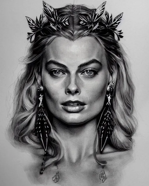 Image similar to realism tattoo sketch of margot robbie as a beautiful greek goddess aphrodite with piercing eyes wearing a laurel wreath and triangle earrings, in the style of greg rutkowski, amazing detail