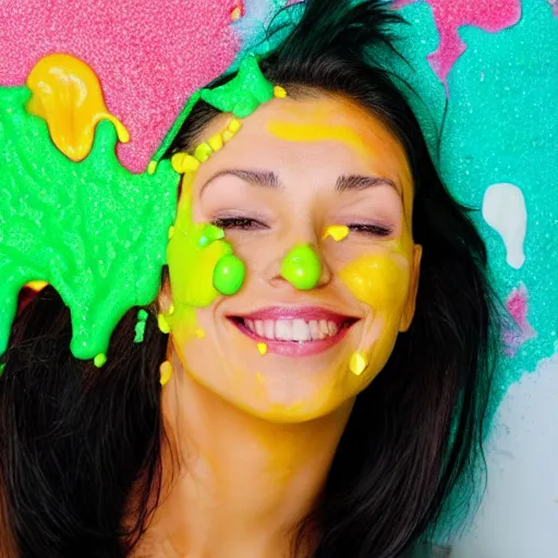 Image similar to a woman with different colour slimes and golden sprinkles on face.