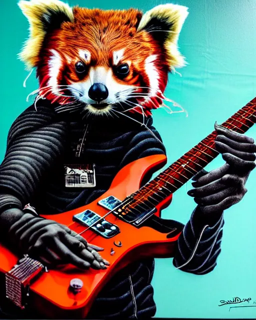 Image similar to a portrait of an anthropomorphic cyberpunk red panda shredding an electric guitar by sandra chevrier, by jon foster, detailed render, electric guitar, epic composition, cybernetics, 4 k realistic, cryengine, realistic shaded lighting, sharp focus, masterpiece, by enki bilal