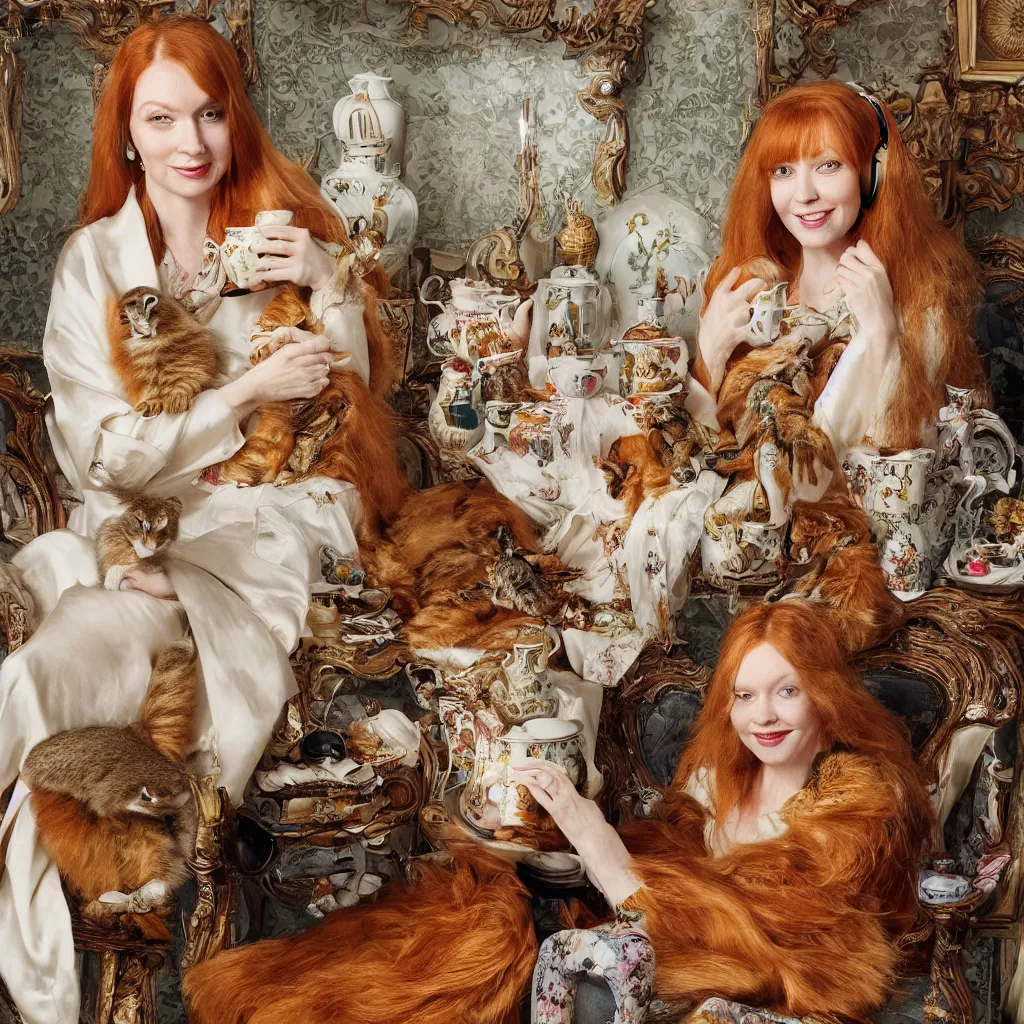 Prompt: a stunning hyper-detailed photorealistic painting of only one slender beautiful smiling woman with long ginger hair and bangs, wearing a luxurious silk robe, wearing headphones and posing with her large ginger tabby cat and her raccoon and parrots in an overstuffed easy chair in her sunlit victorian living room, holding a porcelain parrot-shaped coffee mug and a donut, perfect eyes, fashion photography, cinematic lighting, octane render, IBEX Masters, unreal engine, 85 mm lens,