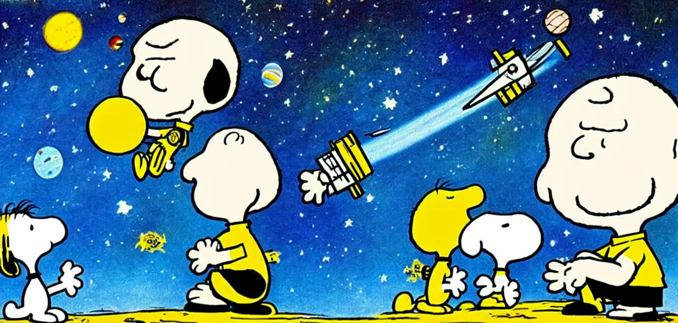 Image similar to calvin and snoopy in space exploring an alien planet, drawn by bill watterson and charles schulz, very detailed and cute and dreamy and playful and happy and cheerful