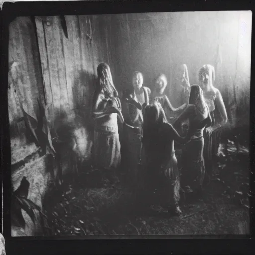 Image similar to a group of people in a witchcraft ritual on an abandoned mad house in the Colombian jungle, mist, 1910 polaroid photography, grainy film, resident evil, Black and white