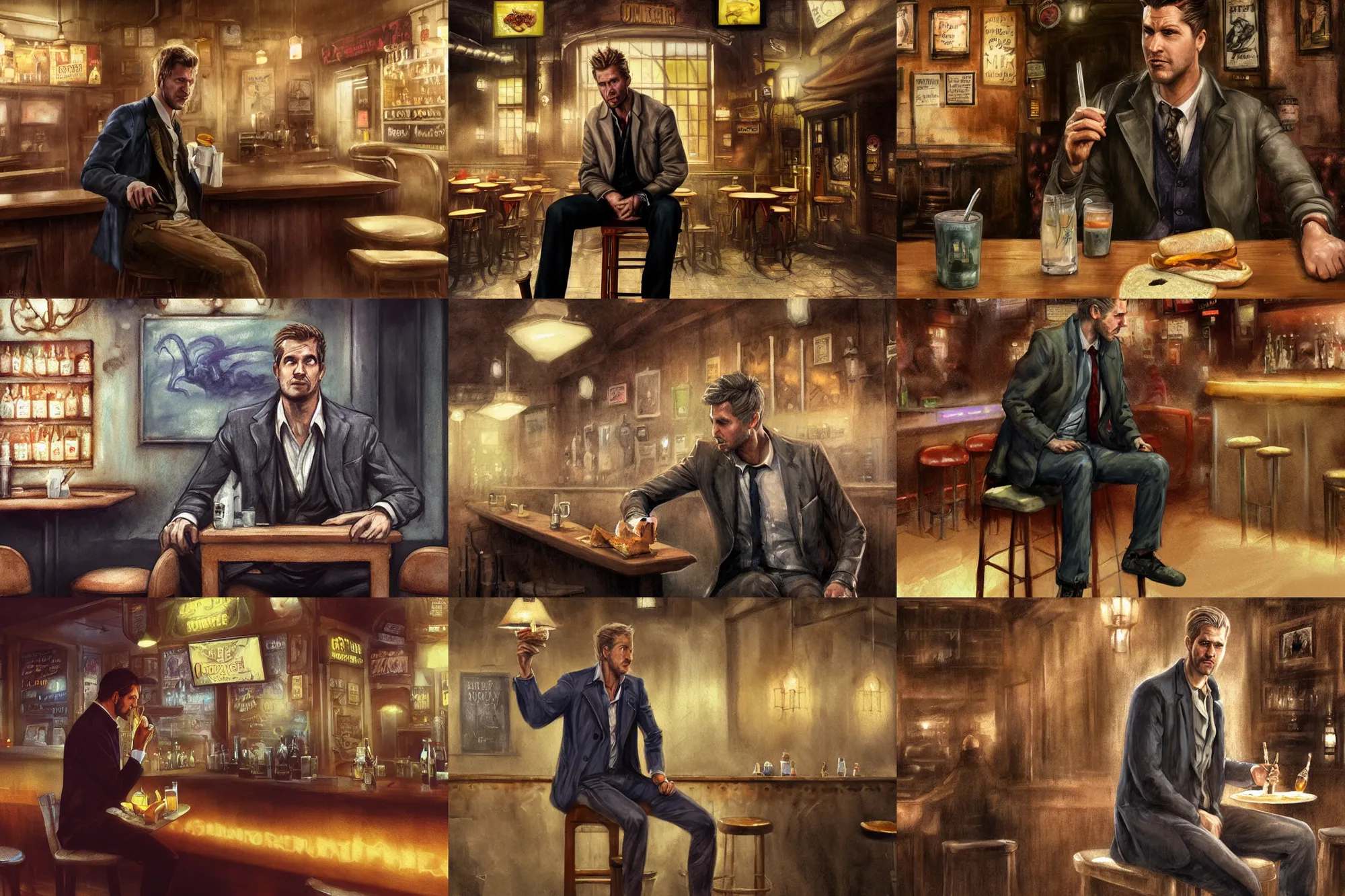 Prompt: matte painting character illustration of john constantine sitting down on a barstool at a dive bar in london eating a sandwich, digital painting, illustration, constantine, john singer sargent, amazing values, 8 k, magical creatures in the background, watercolor texture, gothic, octane render, realistic face details, symmetrical face details, realistically rendered face, photorealistic eyes