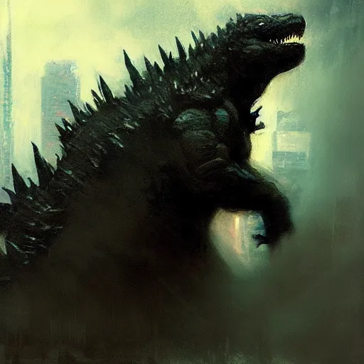 Image similar to godzilla by jeremy mann, dark cyberpunk style