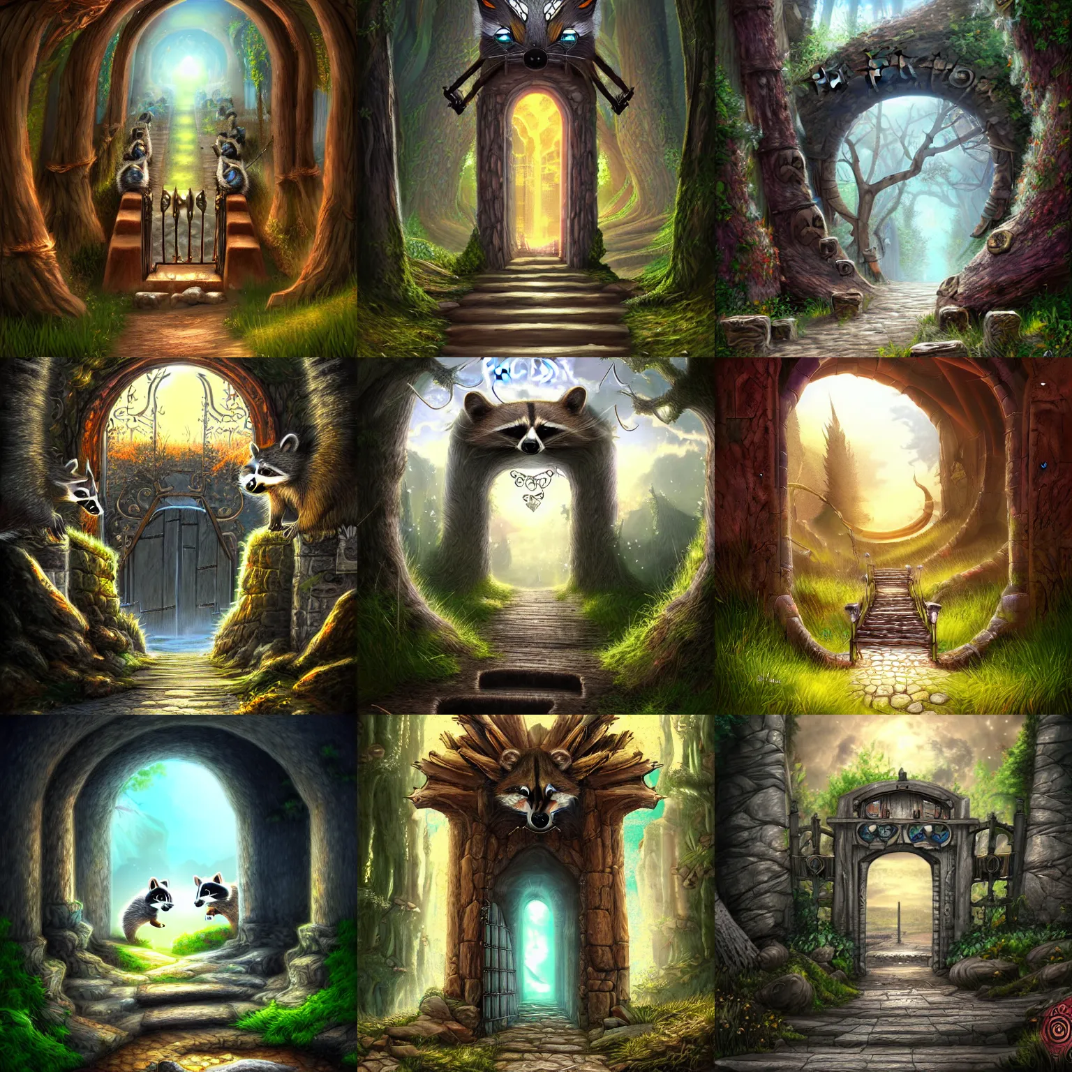 Prompt: The gate to the eternal kingdom of raccoons, fantasy, digital art, HD, detailed.