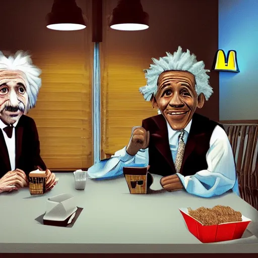 Image similar to Einstein and Obama sitting at McDonalds, ultra detailed, photorealistic, dramatic lighting