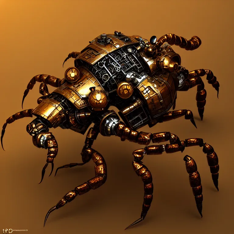 Image similar to steampunk robot scorpion, 3 d model, unreal engine realistic render, 8 k, micro detail, intricate, elegant, highly detailed, centered, digital painting, artstation, sharp focus