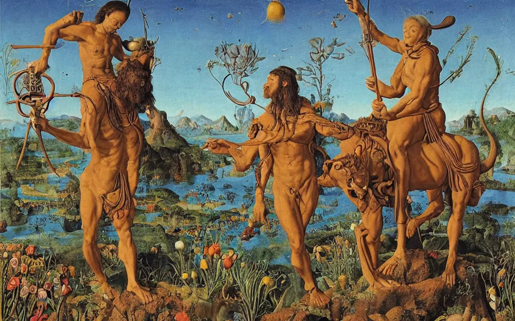 Image similar to a portrait photograph of a meditating satyr and a centaur monk riding a rocket machine and hunting at a river delta. surrounded by bulbous flowers and trees. mountain range under a blue sky of fiery stars. by jan van eyck, max ernst, ernst haeckel, ernst fuchs and artgerm, cgsociety, fashion editorial, 8 k