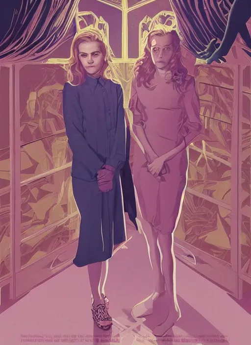 Prompt: poster artwork by Michael Whelan and Tomer Hanuka, Karol Bak of Emma Watson and Kiernan Shipka in beauty pageant, from scene from Twin Peaks, clean, simple illustration, nostalgic, domestic, full of details