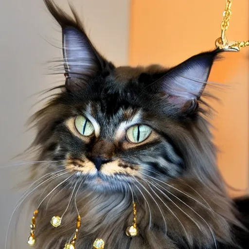 Prompt: A Maine Coon Cat wearing a golden necklace with diamonds