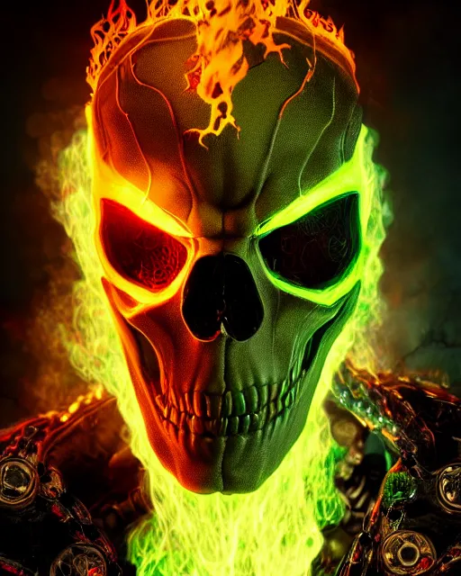 Image similar to green fiery eyes spawn - ghost rider - hybrid, supervillains, intricate artwork, concept art, eyes octane render, deviant art, cinematic, key art, hyperrealism, iridescent accents, portrait photograph, in hell, nikon 3 5 mm, photograph by greg