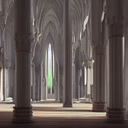 Image similar to a painting of the interior decoration of a very tall gothic temple, 4k, Unreal 5, Octane render, Hyperrealistic, Exquisite detail