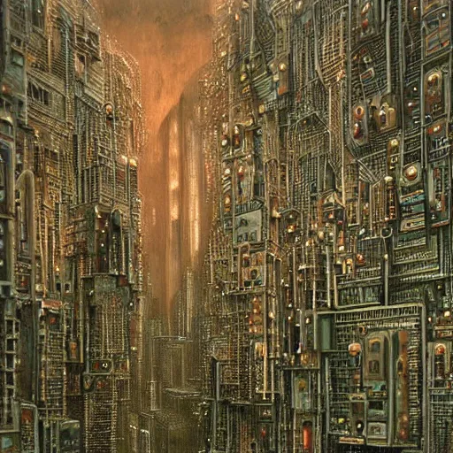 Prompt: city made of electronics by hr giger and zdzislaw beksinski