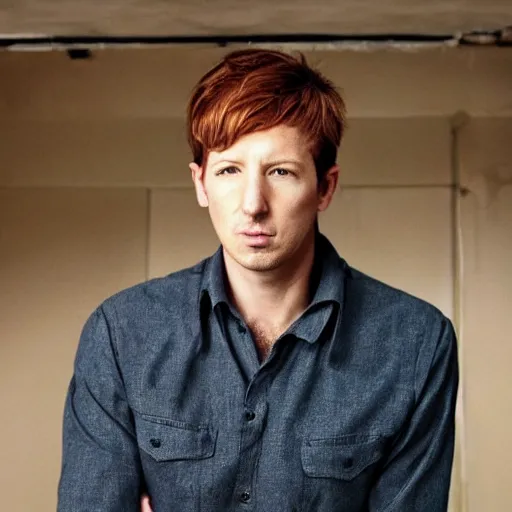 Prompt: award winning portrait of kelly reilly as a young man!!! bare ears, short!! hair and hazel!!! eyes, stubble