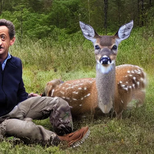 Image similar to trail cam footage of Nicolas Sarkozy sat on a deer