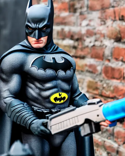 Image similar to happy batman firing super soaker water gun in an alleyway, everyone having fun, toy product advertisement, photography