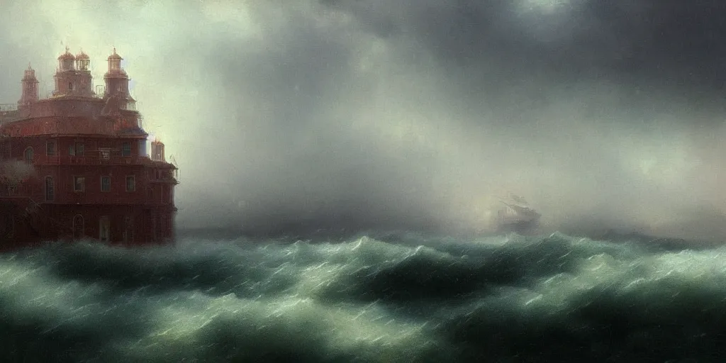 Image similar to A floating city, above an ocean, rainy, turmoil, storm, extremely detailed digital matte painting in the style of Ivan Aivazovsky