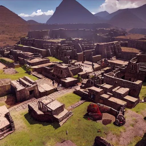 Image similar to super wide angle cinematic shot of an ancient incan city on a festive day, unreal engine, masterpiece