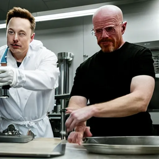 Image similar to elon musk and walter white cooking meth in a laboratory, amazing detail, detailed faces, sharp, 8k