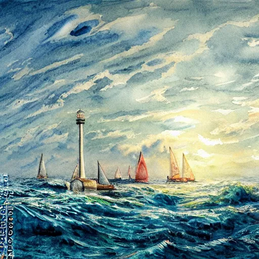 Prompt: Complex hyperdetailed serene masterpiece sketch of a captivating lighthouse, sailboats soaring in the wind, by Orris Moe, complex detailed watercolor painting, cinematic lighting, illogical surrealsim, absurd.