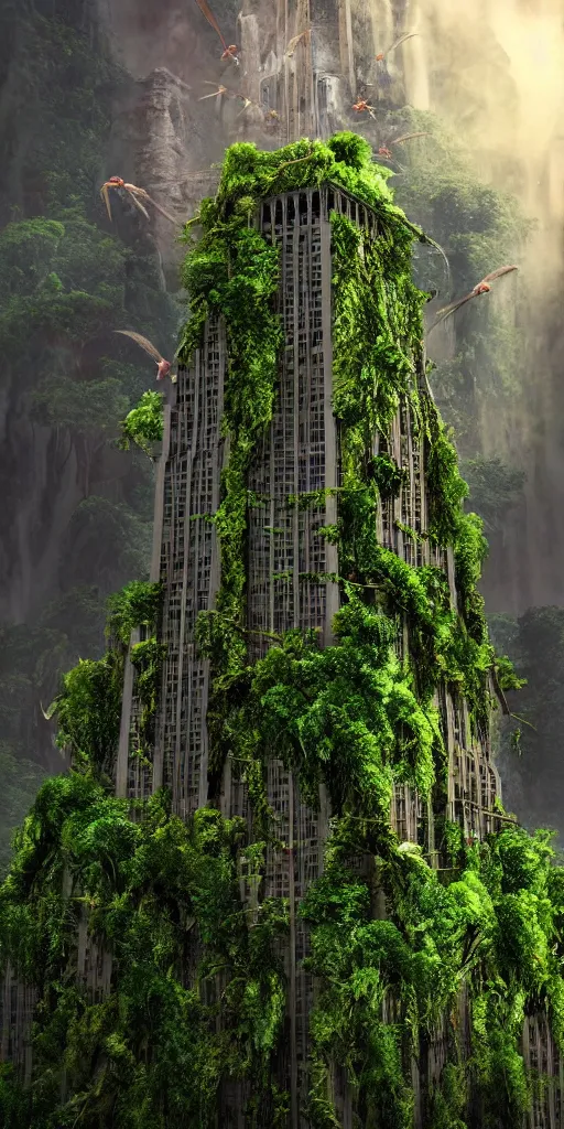 Prompt: an epic view of vines and moss growing on the empire state building, moss, jungle, waterfalls, with pterosaurs flying, close - up, low angle, wide angle, atmospheric, volumetric lighting, cinematic, 8 k hg, ray tracing, octane render, unreal engine, very realistic, highly detailed digital art, painted by tyler edlin