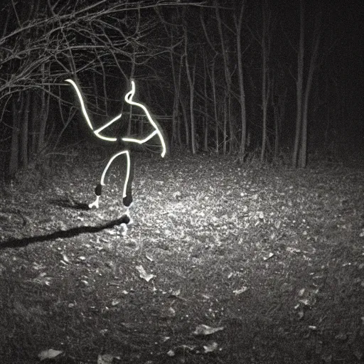 Image similar to ronald mcdonald caught on trail cam footage, cryptid, grainy and poor developed, at night