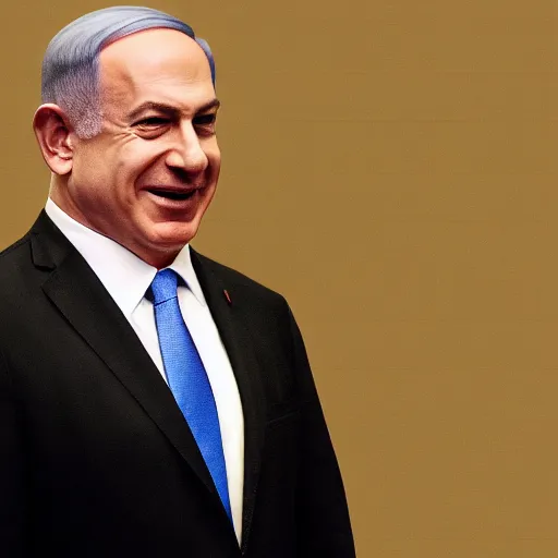 Prompt: A portrait of Benjamin Netanyahu grinning, ominous atmosphere