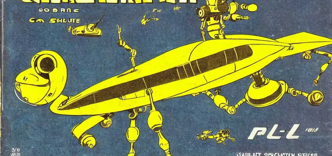 Image similar to small yellow spaceship with robot arms, comic style, pulp magazine, vintage scifi