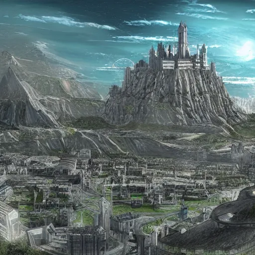 Minas Tirith as a modern, futuristic city. Digital Art