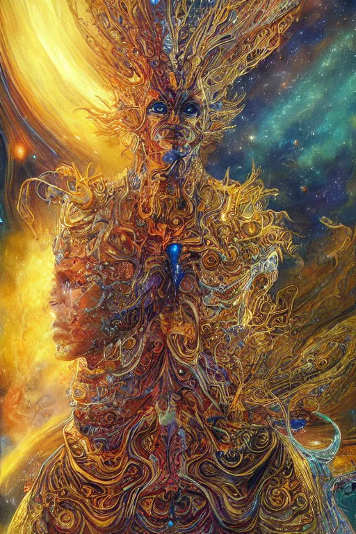Image similar to a golden wizard with a detailed robe with beautiful eyes coming from a tumultuous mist of nebula gas, various color scheme by android jones , alex gray, Karol Bak, Ayami Kojima, Amano