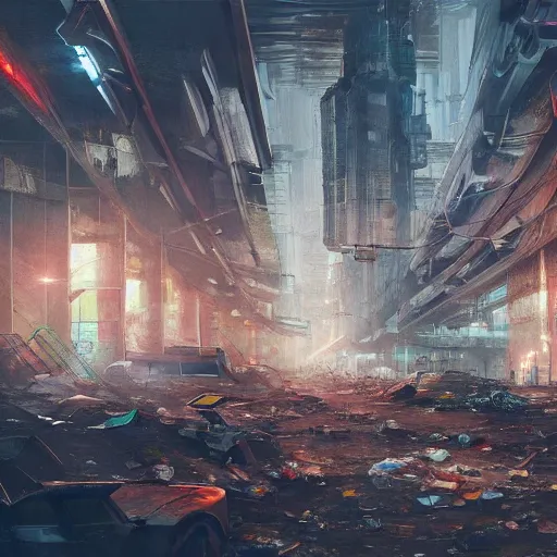 Image similar to futuristic underground polluted city, depressing, garbage piles, artstation