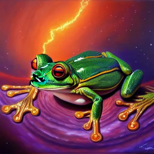 Image similar to the cyborg frog in the astral realm sacred journey in oil painting, trending on artstation, award winning, emotional, highly detailed surrealist art