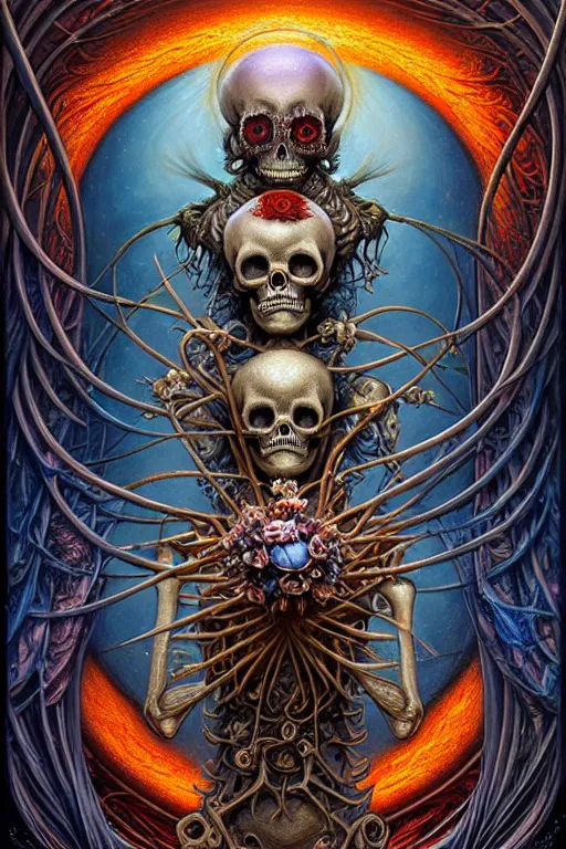 Prompt: A beautiful detailed godness super cute tarot card love and death and robots, by tomasz alen kopera and Justin Gerard, symmetrical features, ominous, magical realism, texture, intricate, ornate, royally decorated, mechanic, skeleton, whirling smoke, embers, red adornements, blue torn fabric, radiant colors, fantasy, trending on artstation, volumetric lighting, micro details, 3d sculpture, ray tracing, 8k, anaglyph effect, digital art