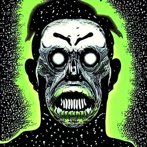 Prompt: portrait of nukeface, his face melting with radioactivity, nuclear glow, dark night in the swamps