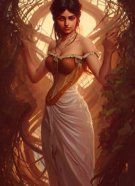 Image similar to cute brown woman wearing a translucent corset dress, fantasy, intricate, highly detailed, digital painting, artstation, concept art, wallpaper, smooth, sharp focus, illustration, art by artgerm and greg rutkowski and alphonse mucha