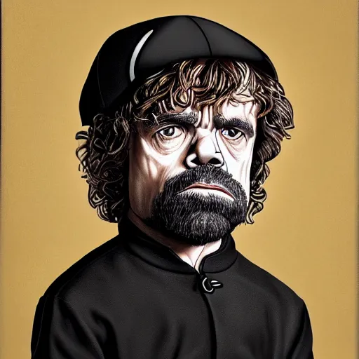 Prompt: Tyrion Lannister wearing a black baseball cap looking hiphop style painting