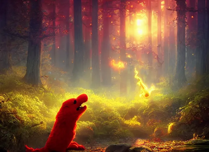 Image similar to elmo eating magic mushroom, golden hour, fantasy, sharp focus, digital art, hyper realistic, 4 k, unreal engine, highly detailed, hd, dramatic lighting by brom, trending on artstation