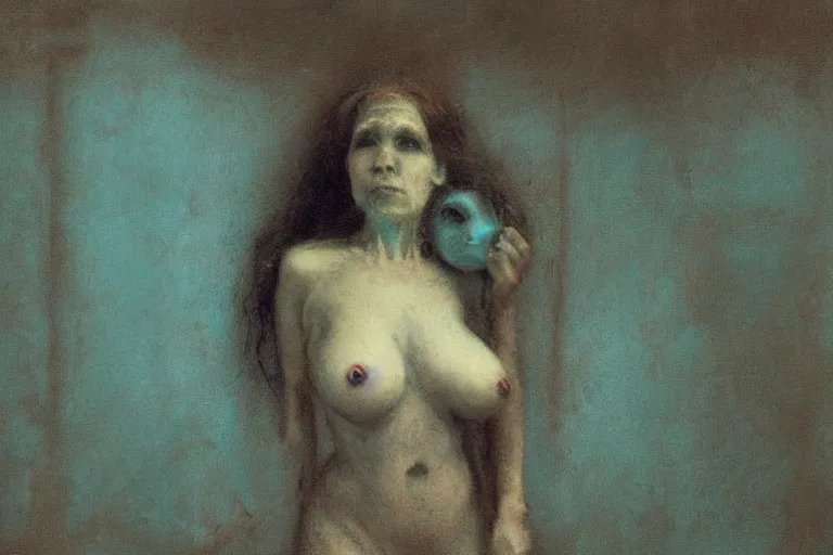 Image similar to A telegenic Portrait of a haunted house Succubus in a fright disquieting environment by Emil Carlsen, trending on Saatchi Art.:5, 32k resolution, 4k resolution, Skybox, Ambient Occlusion, Chromatic Abberation, in the Style of Chalks, Bokeh:2, Tiffany Blue color scheme, blur, bokeh, dof:-1