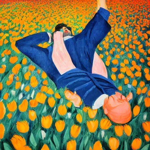 Image similar to Portrait of a man lying in a field of tulips by Robert Delaunay, colorful, hopeful, detailed, sunrise, light colors