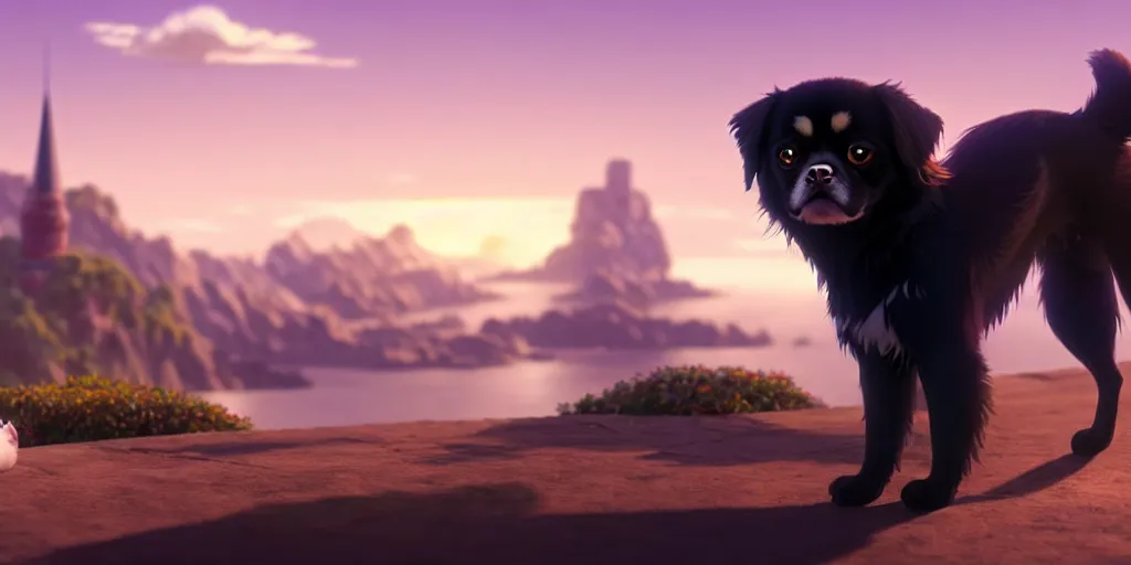 Image similar to a wholesome animation key shot of a black tibetan spaniel, spanish riviera in the background, studio ghibli, pixar and disney animation, sharp, rendered in unreal engine 5, anime key art by greg rutkowski, bloom, dramatic lighting