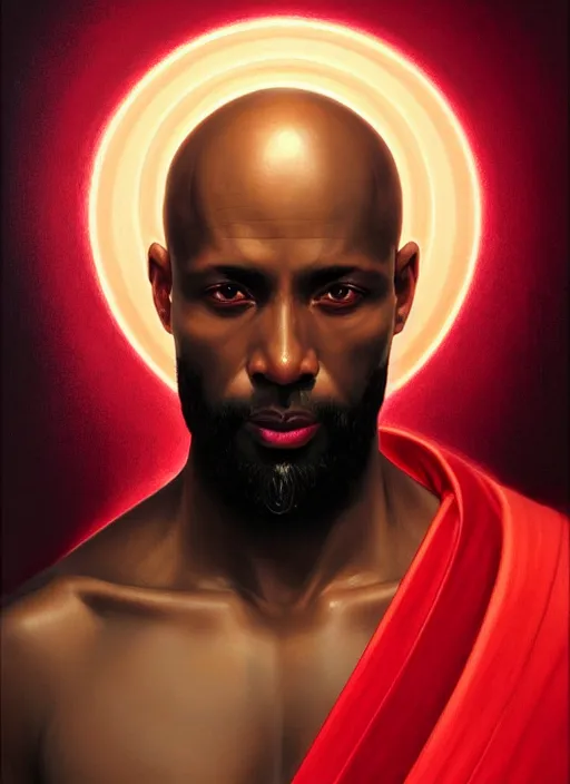 Image similar to symmetry!! portrait of a dark skinned, bald, terrence boyd as a jesus christ in a red kimono with an halo, face close - up, intricate, elegant, highly detailed, digital painting, artstation, concept art, smooth, sharp focus, illustration, art by artgerm and greg rutkowski and alphonse mucha