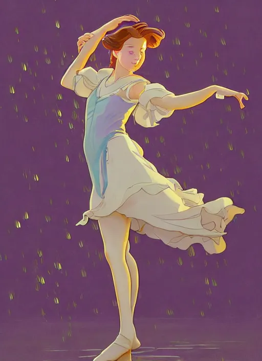 Image similar to well - lit art nouveau portrait of a 1 3 - year old girl dancing in the rain, natural lighting, path traced, highly detailed, high quality, cartoon, digital painting, by don bluth and ross tran and studio ghibli