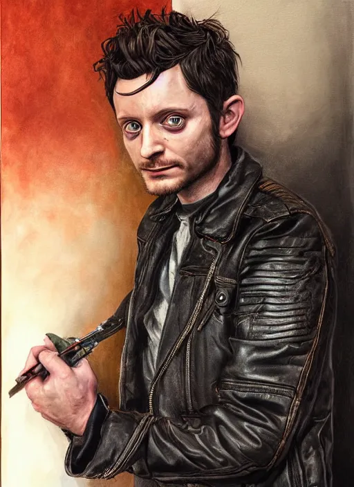 Image similar to portrait of elijah wood, gritty, dark, wearing a leather jacket, very detailed eyes, hyperrealistic, very detailed painting by Glenn Fabry, by Joao Ruas, by Artgerm