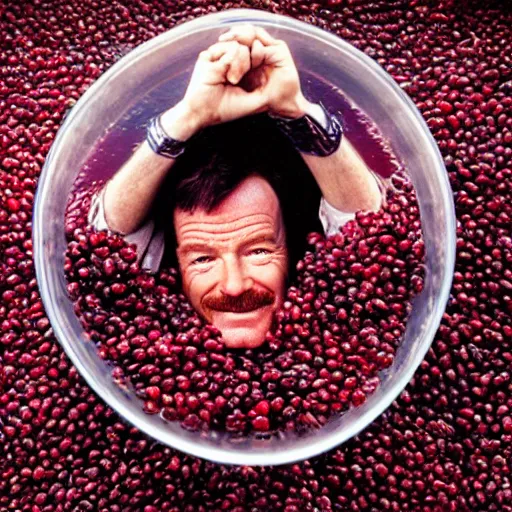 Image similar to tiny bryan cranston's body is a bowl of cranberries, head emerging from cranberries, submerged in cranberries, natural light, sharp, detailed face, magazine, press, photo, steve mccurry, david lazar, canon, nikon, focus