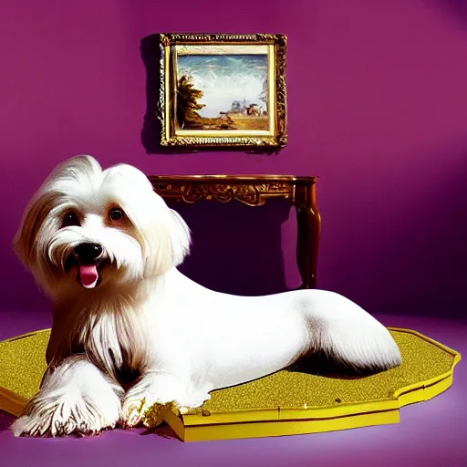 Prompt: a cream - colored havanese dog lying on top of a large plastic sequined horse, a renaissance painting in the background, photo by david lachapelle, behance, transgressive art, freakshow, official album art